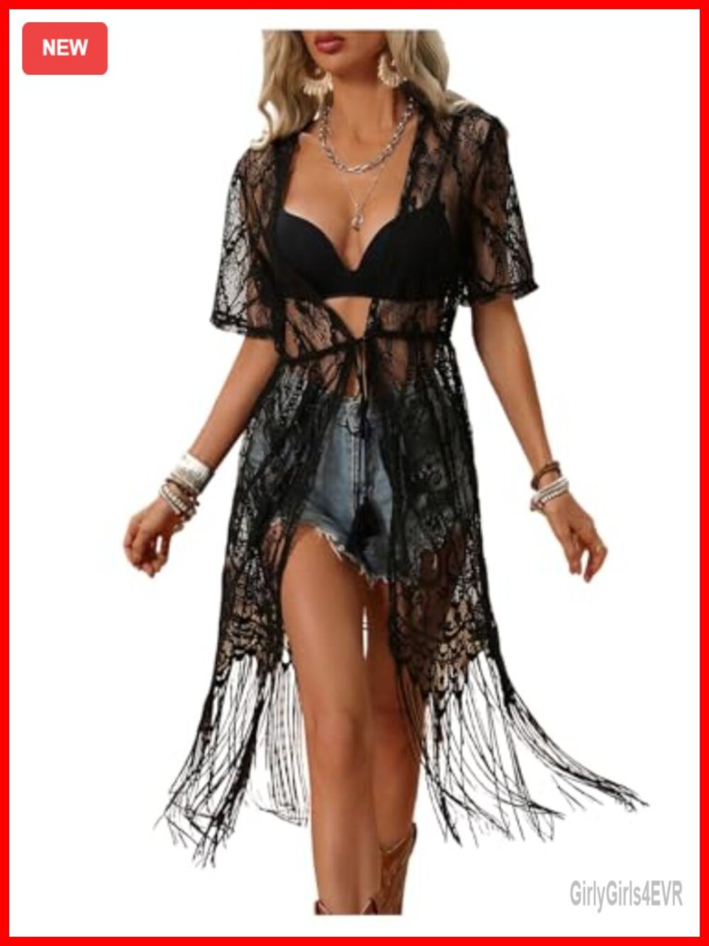 Sheer Mesh Lace Fringe Cover Up Top V Neck Short Sleeve Beach Coverup
